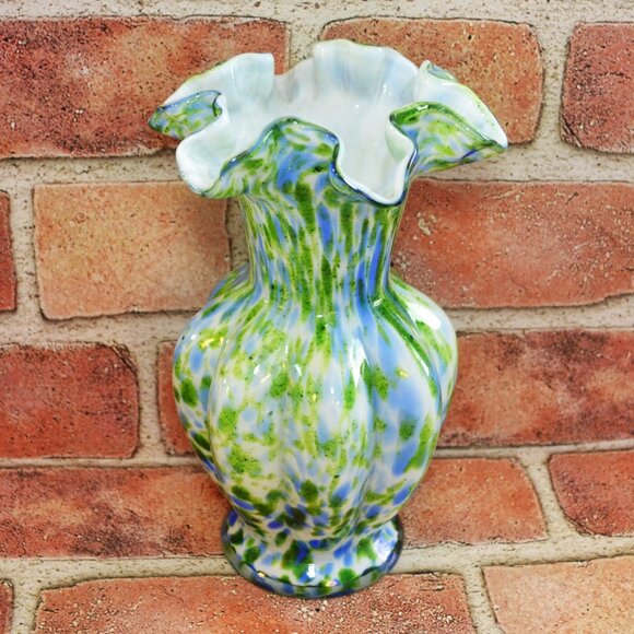Art Glass Ribbed Vase With Ruffled Top White And Blue Murano - Picture 1 of 4